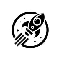 A stylized, monochrome illustration of a rocket ship launching from a circular path with a white background, surrounded by dots and streaks. vector