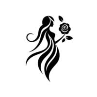 Elegant silhouette a womans silhouette with flowing hair, holding a rose, set against a white background, emphasizing grace and femininity. vector