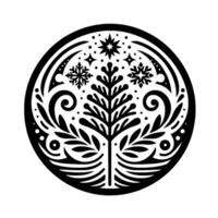 A circular monochrome featuring a stylized tree with snowflakes, stars, and ornate foliage, evoking a sense of winter and festive celebrations. vector