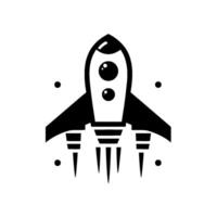 A stylized, minimalist black and white rocket ship illustration with three engine exhausts, two portholelike windows, and small celestial dots on a clean white background. vector