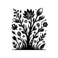 Elegant monochrome floral silhouette black and white stylized botanical with varied blooms and foliage in a symmetrical arrangement on white. vector