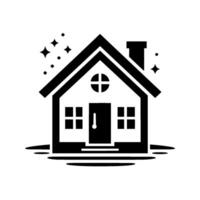 A minimalist black and white illustration of a house with a chimney and sparkling stars, evoking a sense of home, warmth, and simplicity. vector