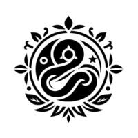 Intricate black and white circular emblem featuring stylized flowing shapes, geometric elements, and botanical accents, creating a balanced, decorative design. vector