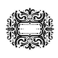Ornate, symmetrical black white floral border featuring a central rectangular text box, dots, swirls, and leaves. vector