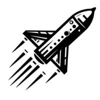 Bold black and white illustration of a rocket ship ascending, featuring geometric and stylized flame trails. vector