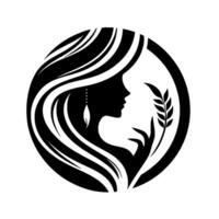 Elegant silhouette a woman with flowing hair and a delicate ear adornment, holds a sprig of wheat within a circular frame, in a stylish black and white design. vector