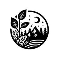 Intricate black and white circular of nature, showcasing a leafy plant, mountain range, forest, crescent moon, and stars. vector