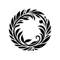 A symmetrical, black and white botanical wreath illustration featuring stylized leaves and berries, suggestive of elegance and simplicity. vector