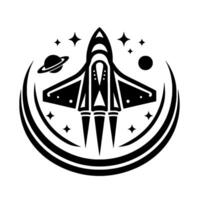 A minimalist black and white spacethemed depicting a stylized spaceship within a cosmic crescent, surrounded by stars and planets, conveying exploration. vector