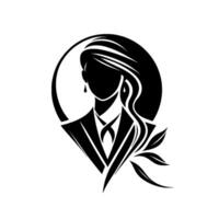 Minimalist silhouette of a woman in a suit with flowing hair, encircled by an oval, accented with botanical elements. vector