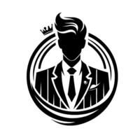 A stylized black and white illustration of a dapper gentleman in a suit and tie, encircled, and crowned, embodying sophistication and success. vector