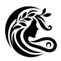 A minimalist silhouette of a woman with flowing hair adorned by a laurel branch, symbolizing peace and beauty. vector