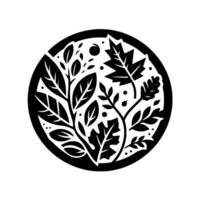 A striking, minimalist black and white circular featuring an intricate arrangement of stylized leaves and branches enclosed within a bold border, evoking natural harmony. vector