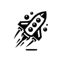 Black and white stylized illustration of a retrofuturistic rocket ship taking off with exhaust trails and bubbles, set against a clean white background. vector