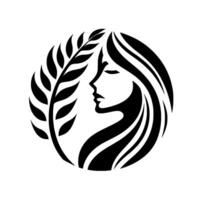 Serene silhouette a stylized black and white featuring a womans profile within a circular frame, intertwined with an olive branch, evoking peace. vector