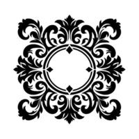 Ornate black floral ornament, symmetrical design, decorative border, detailed scrollwork, elegant frame, isolated on white, circular center. vector