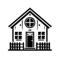 A minimalist black and white silhouette of a house with a fence, a round window, and a cross, representing a simple home. vector
