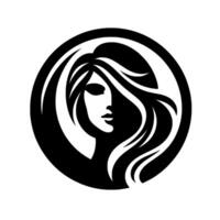 Stylized black and white illustration of a womans profile with flowing hair within a circular frame, exuding elegance. vector