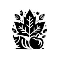 A minimalist monochromatic autumn emblem, featuring a large maple leaf, surrounding smaller leaves, and an apple, all in a clean, geometric design. vector