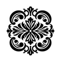 Symmetrical black floral ornament against white background a detailed, bold damask with flourishes and leaf motifs. vector