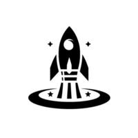 Minimalist black and white rocket ship with stars and launch pad, emblem of space exploration and ambition on a white background. vector