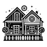 Charming monochromatic illustration of two connected cottages, adorned with stars, a circular design, and trees behind a picket fence, creating a cozy, inviting scene. vector