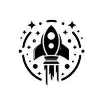 A stylized monochrome depicts a rocket launching amidst stars and a curved frame, symbolizing space exploration and achievement. vector