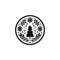Intricate black and white circular christmas featuring a stylized tree, snowflakes, leaves, and decorative elements, on a clean white background. vector