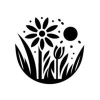 Black and white silhouette a stylized circular scene featuring a daisy, a tulip, grass, a sun, and scattered dots suggesting a natural, cheerful meadow illustration. vector