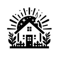 A stylized black and white illustration of a house, illuminated by radiant sunlight, stars and a wisp of smoke, set amongst stylized foliage and a picket fence, evoking a sense of home and warmth. vector