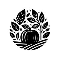 Silhouette of an apple with leaves and foliage in a circular composition, minimalist black and white design. vector