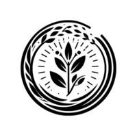 A minimalist, circular black and white featuring a stylized plant with leaves and radiating lines, enclosed by a double ring with foliage elements. vector