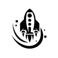 Stylized black and white rocket illustration with a minimalist design, featuring a crescent and floating dots, on a white background. vector