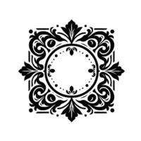 Intricate black and white ornamental square frame with circular center, leafy accents, and decorative swirls, elegant design. vector
