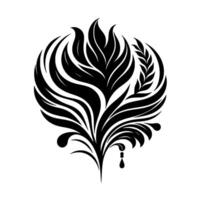 A symmetrical black and white floral emblem design, featuring stylized leaves, a grain, and flowing ornamental elements on a white background. vector