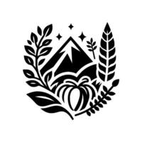Intricate black and white illustration featuring a mountain range, a pumpkin, foliage, and stars arranged in a circular, natureinspired composition. vector