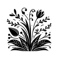 Elegant black and white floral a symmetrical arrangement of stylized leaves, budding flowers, and delicate sprigs on a clean white background. vector