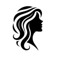 A minimalistic silhouette of a womans profile, featuring flowing, stylized black hair against a clean white backdrop, emphasizing elegance. vector