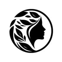 Silhouette of a womans profile surrounded by stylized leaves within a black circle, representing nature and beauty. vector