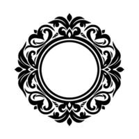 A symmetrical, ornate black and white circular frame with swirling, floralinspired elements, perfect for creating an elegant border. vector