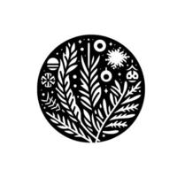Decorative minimalist circular with stylized foliage, snowflake, and ornaments in a black and white palette vector