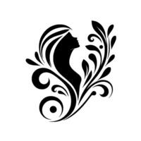 Elegant silhouette of a woman adorned with floral embellishments, black and white design, flowing hair and organic forms. vector