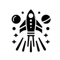 A stylized black and white rocket ship blasting off, surrounded by planets, stars and other space elements against a clean white background. vector