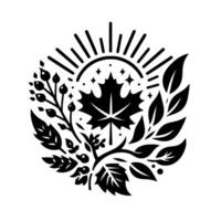 A symmetrical black and white illustration featuring a stylized maple leaf encircled by various plant elements, framed with starburst elements and leaves. vector