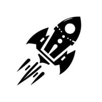Bold black and white rocket silhouette soaring upward, depicting movement and innovation, against a clean white backdrop. vector