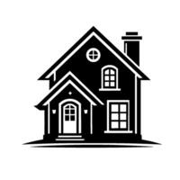 A symmetrical monochrome illustration of a charming, twostory house with gabled roof, chimney, and detailed window and door frames on a white background. vector