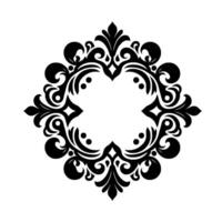 Symmetrical black and white ornate floral featuring intricate scrollwork, leaf patterns, and rounded shapes, creating a central negative space. vector