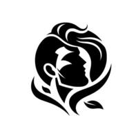 A stylized black and white silhouette of a womans face, intertwined with organic, flowing lines and leaves, set against a stark white background. vector