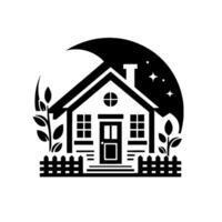 Minimalist monochrome illustration of a cozy house at night, framed by foliage, a picket fence, and a celestial background with stars. vector