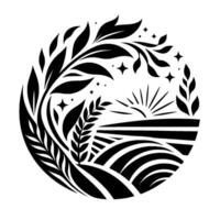 Elegant monochrome circular illustration depicting a stylized sunrise over rolling farmland, embraced by foliage, stars, and an intricate wheat pattern. vector